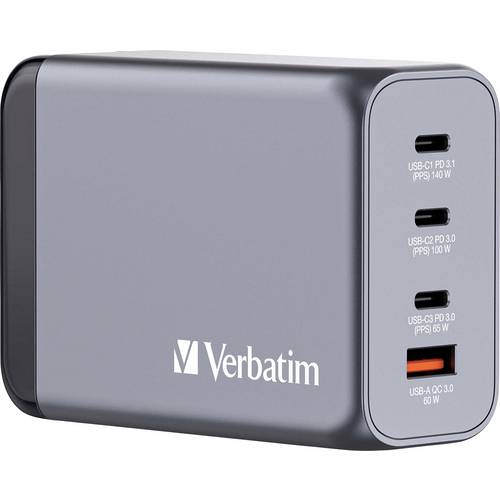 Verbatim GNC-240 GaN Reiseladeadapter 240 W 1x USB-A, 3x USB-C® USB PD, USB PD 3.1, QC 3.0 Grau GaN, mit Europa-Adapter,...