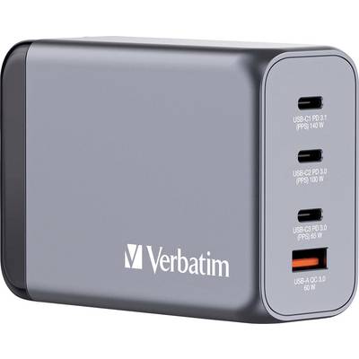 Grau-schwarzes Verbatim-Ladegerät mit vier USB-Ports, die jeweils unterschiedliche Leistungsspezifikationen von 60 bis 140 Watt bieten.