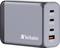 Grau-schwarzes Verbatim-Ladegerät mit vier USB-Ports, die jeweils unterschiedliche Leistungsspezifikationen von 60 bis 140 Watt bieten.