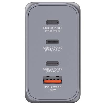 Grau-metallisches Ladegerät mit vier Anschlüssen: drei USB-C-Anschlüsse (140 W, 100 W, 65 W) und ein USB-A-Anschluss (60 W).