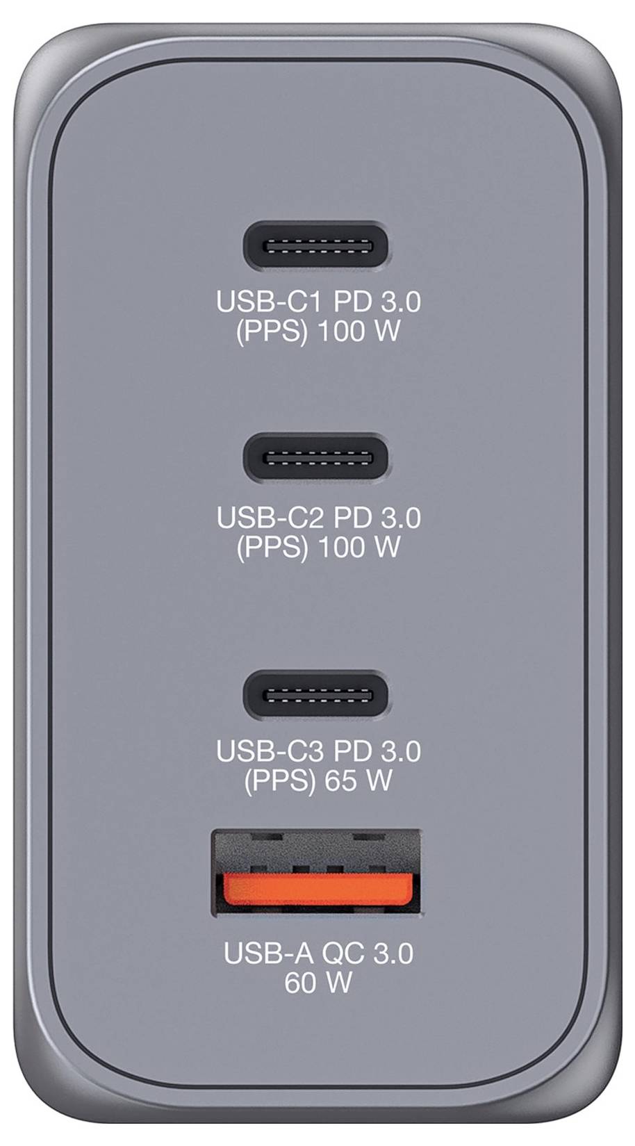 Ein Ladegerät mit vier Anschlüssen: drei USB-C, zwei mit 100 W, einer mit 65 W, und ein USB-A-Anschluss mit 60 W.