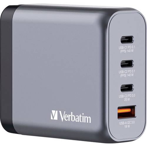 Verbatim GNC-140 GaN Reiseladeadapter 140 W 1x USB-A, 3x USB-C® USB PD, QC 3.0, USB PD 3.1 Grau GaN, mit Europa-Adapter,...