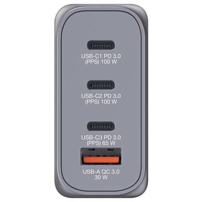 Ein Ladegerät mit vier Anschlüssen: drei USB-C-Anschlüsse mit Power Delivery (zwei mit 100 W, einer mit 65 W) und ein USB-A-Anschluss mit 30 W.