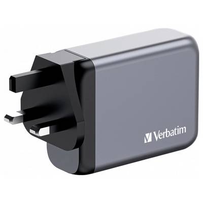 Tragbares Ladegerät mit drei-poligem Stecker und 'Verbatim'-Logo, geeignet für elektronische Geräte, kompakte Größe.