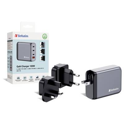 Verbatim GaN Ladegerät 100W, abgebildet mit Verpackung, Ladegerät und verschiedenen Steckern für internationale Nutzung.