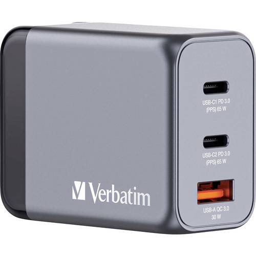 Verbatim GNC-65 GaN Reiseladeadapter 65 W 1x USB-A, 2x USB-C® USB PD, USB PD 3.0, QC 3.0 Grau GaN, mit Europa-Adapter, m...