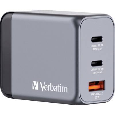 Ein graues Ladegerät von Verbatim mit zwei USB-C-Anschlüssen und einem USB-A-Anschluss, das 66 W Leistung bietet.
