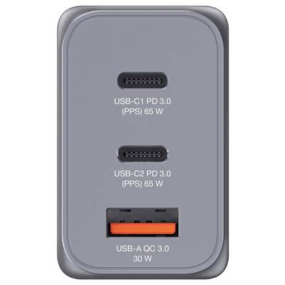 Ein Ladegerät mit zwei USB-C- und einem USB-A-Anschluss. USB-C unterstützt PD 3.0 (PPS) mit 65 W, USB-A unterstützt QC 3.0 mit 30 W.
