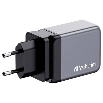 Schwarzes USB-Ladegerät mit zwei runden Steckern und der Aufschrift 'Verbatim'.