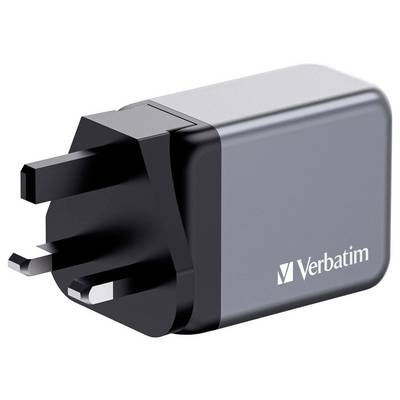 Ein schwarzes Netzteil mit britischem Stecker und 'Verbatim'-Logo.