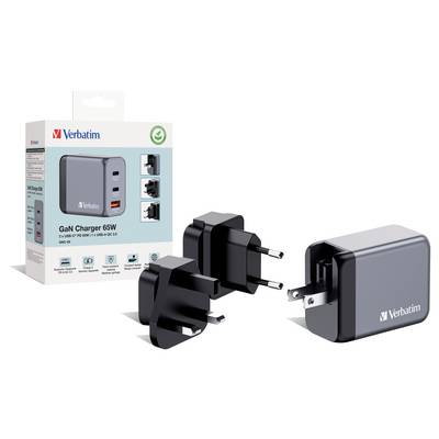 'Verbatim GaN Charger 65W' Ladegerät mit Verpackung und Adaptern für mehrere Steckdosen. Entwickelt für schnelles und effizientes Laden.