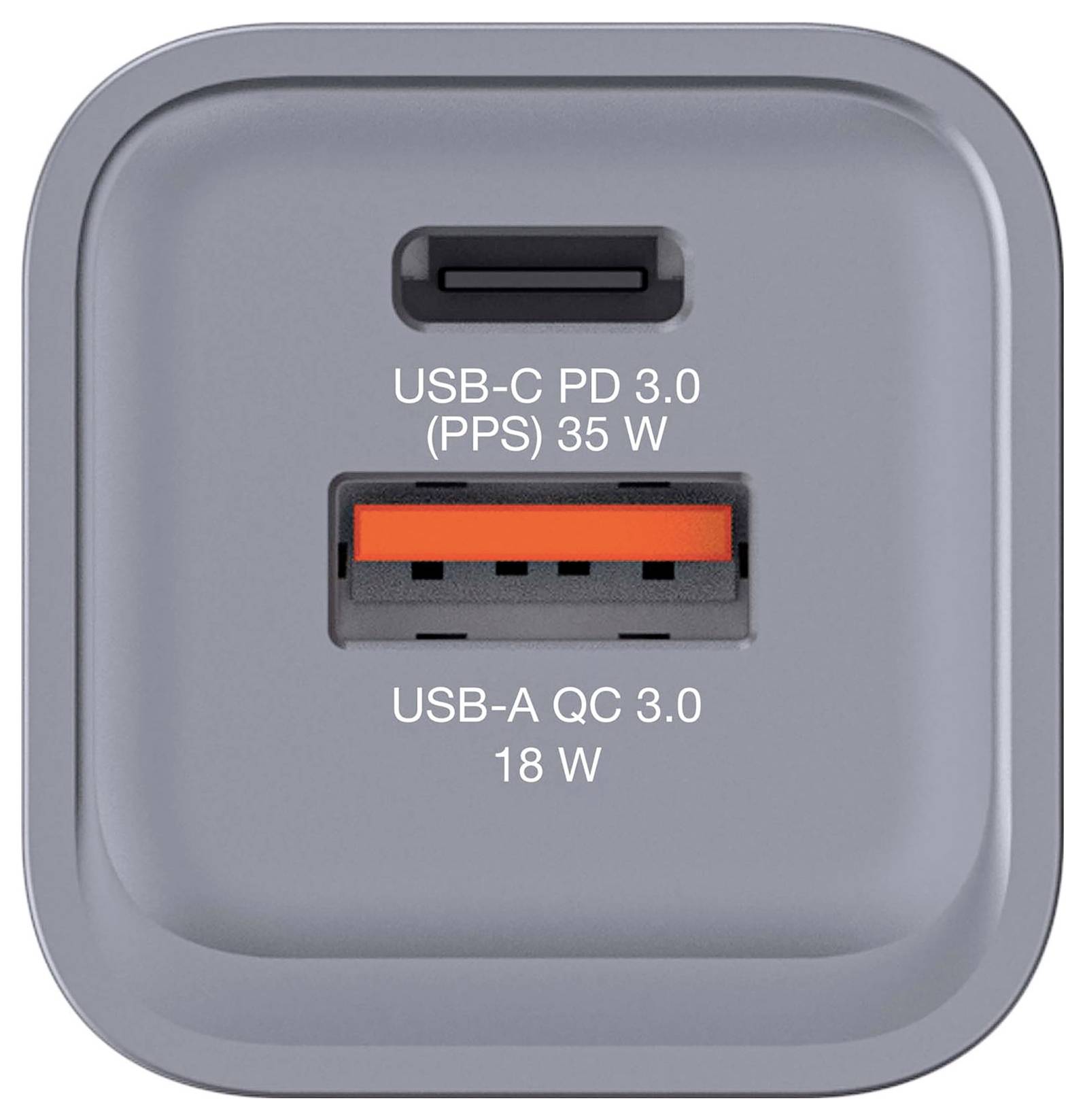 Ein graues Ladegerät mit zwei Anschlüssen: Oben ein USB-C PD 3.0 (PPS) 35 W Port, unten ein USB-A QC 3.0 18 W Port.