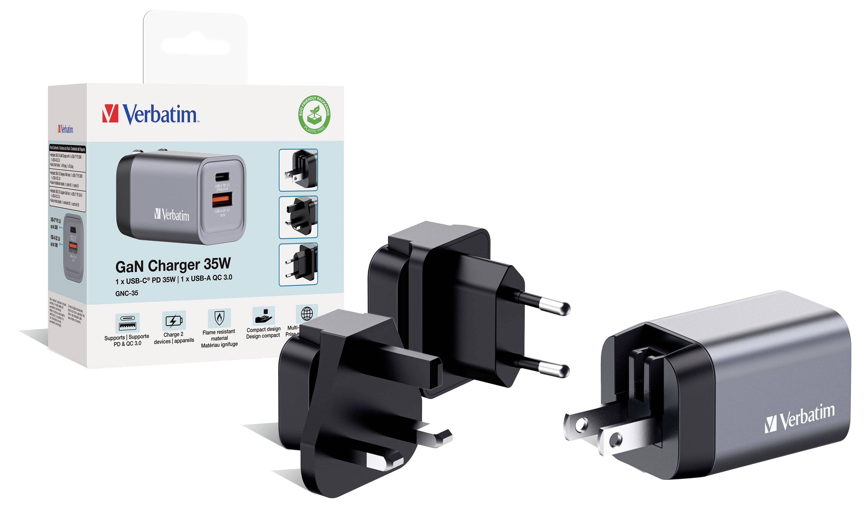 Verbatim GaN-Ladegerät (35W) mit adaptiven EU- und US-Steckdosenadaptern. Verpackung mit Produktinfo und Umweltzeichen. Ideal für Reisen.