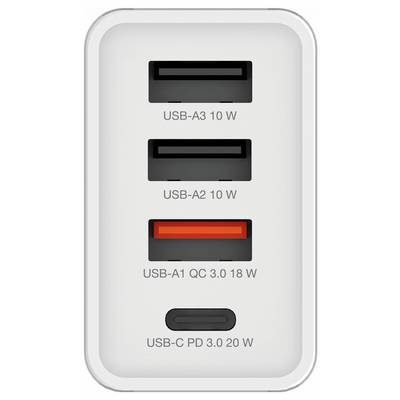 USB-Ladegerät mit vier Anschlüssen: zwei USB-A (je 10 W), ein USB-A QC 3.0 (18 W) und ein USB-C PD 3.0 (20 W).