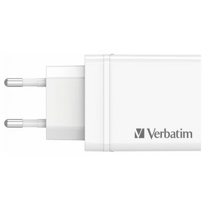 Ein weißes USB-Ladegerät von Verbatim mit zwei Pins, das zum Laden elektronischer Geräte verwendet wird.