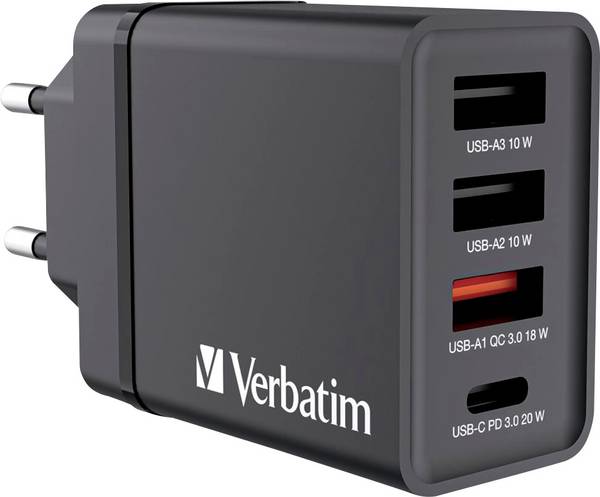 Verbatim CHR-30EU1 USB Ladegerät 30 W 3x USB-A, 1x USB-C® USB PD, QC 3.0, USB PD 3.0 Schwarz Steckdose USB Power Delivery (USB-PD)