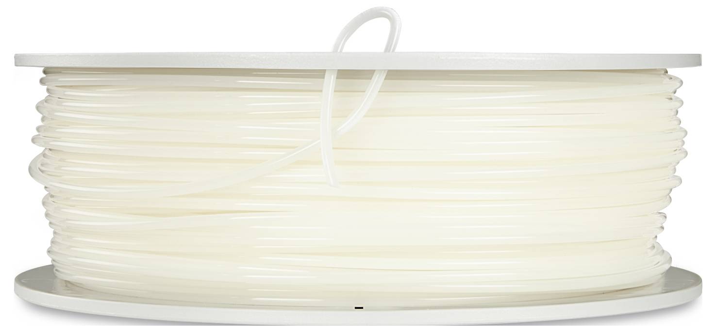 Eine große, weiße, aufgerollte Spule mit 3D-Druckerfilament auf einem Tisch.