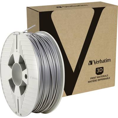 Eine Rolle silberfarbenes 3D-Druckerfilament neben einer Verpackung mit dem Aufdruck 'Verbatim 3D Print Materials'.