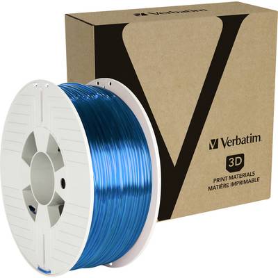 Spule mit blauem 3D-Drucker-Filament von Verbatim, neben einer Verpackung.