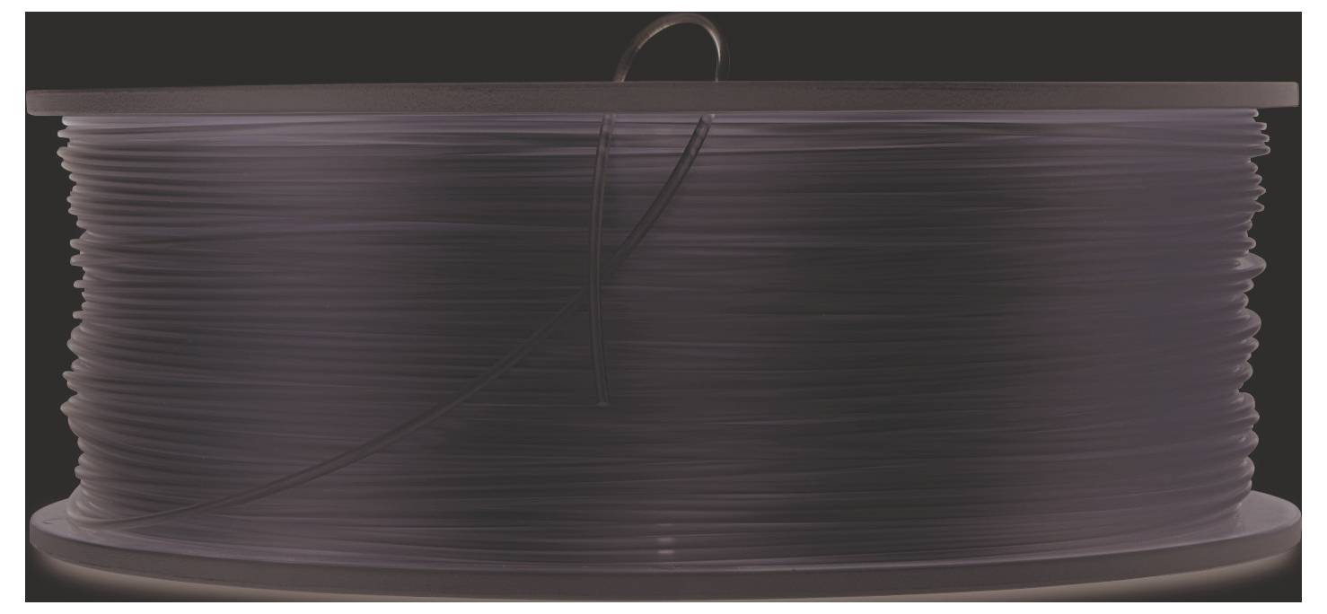 Spule mit klarem Filament für 3D-Druck, aufgerollt, bereit zur Verwendung.