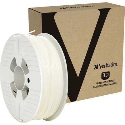 Weiße 3D-Drucker-Filamentrolle vor brauner Verpackung mit 'Verbatim'-Logo.