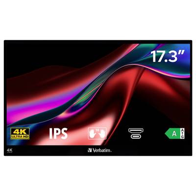 Ein 17,3-Zoll-IPS-Display von Verbatim mit 4K Ultra HD-Auflösung und Energieeffizienzklasse A. Enthält Symbole für Touchscreen und Standfuß.
