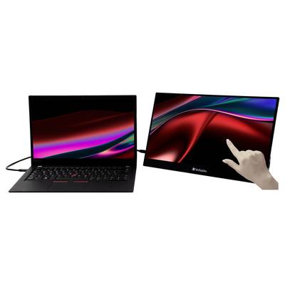 Ein Laptop und ein externer Monitor, der per Kabel verbunden ist. Eine Hand zeigt auf den Monitor, dessen Bildschirm rot und schwarz leuchtet.