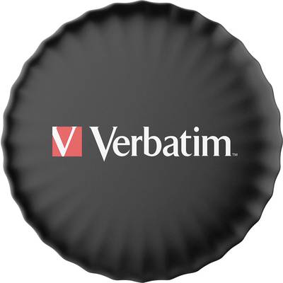 Ein schwarzer runder USB-Stick von Verbatim mit geriffeltem Rand und dem Verbatim-Logo in Rot-Weiß.