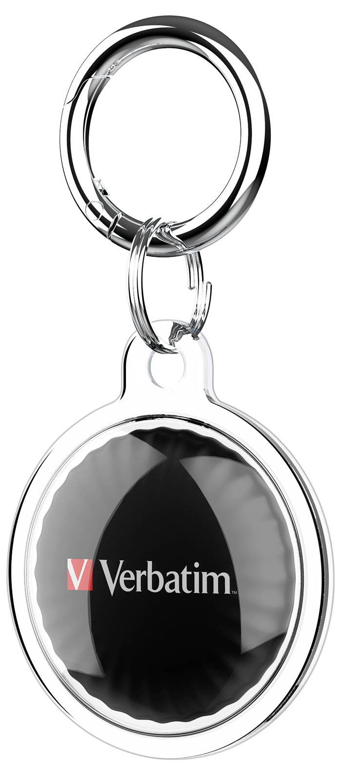 Schlüsselanhänger mit 'Verbatim'-Logo in der Mitte, silberner Ring oben, schwarzes ovales Design.