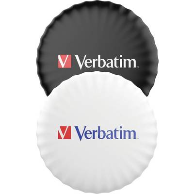 Zwei runde Objekte mit gewelltem Rand, eines schwarz mit weißem 'Verbatim'-Logo, das andere weiß mit blau-rotem 'Verbatim'-Logo.
