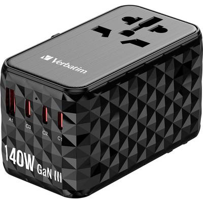 Schwarzes Verbatim Ladegerät mit dreieckigem Muster, 140W Leistung, drei USB-Anschlüsse und einer universellen Steckdose.