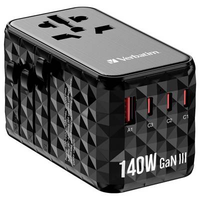 Ein schwarzer, multifunktionaler Reiseadapter mit drei USB-Anschlüssen und verschiedenen Steckdosenaufsätzen, geeignet für weltweite Nutzung.