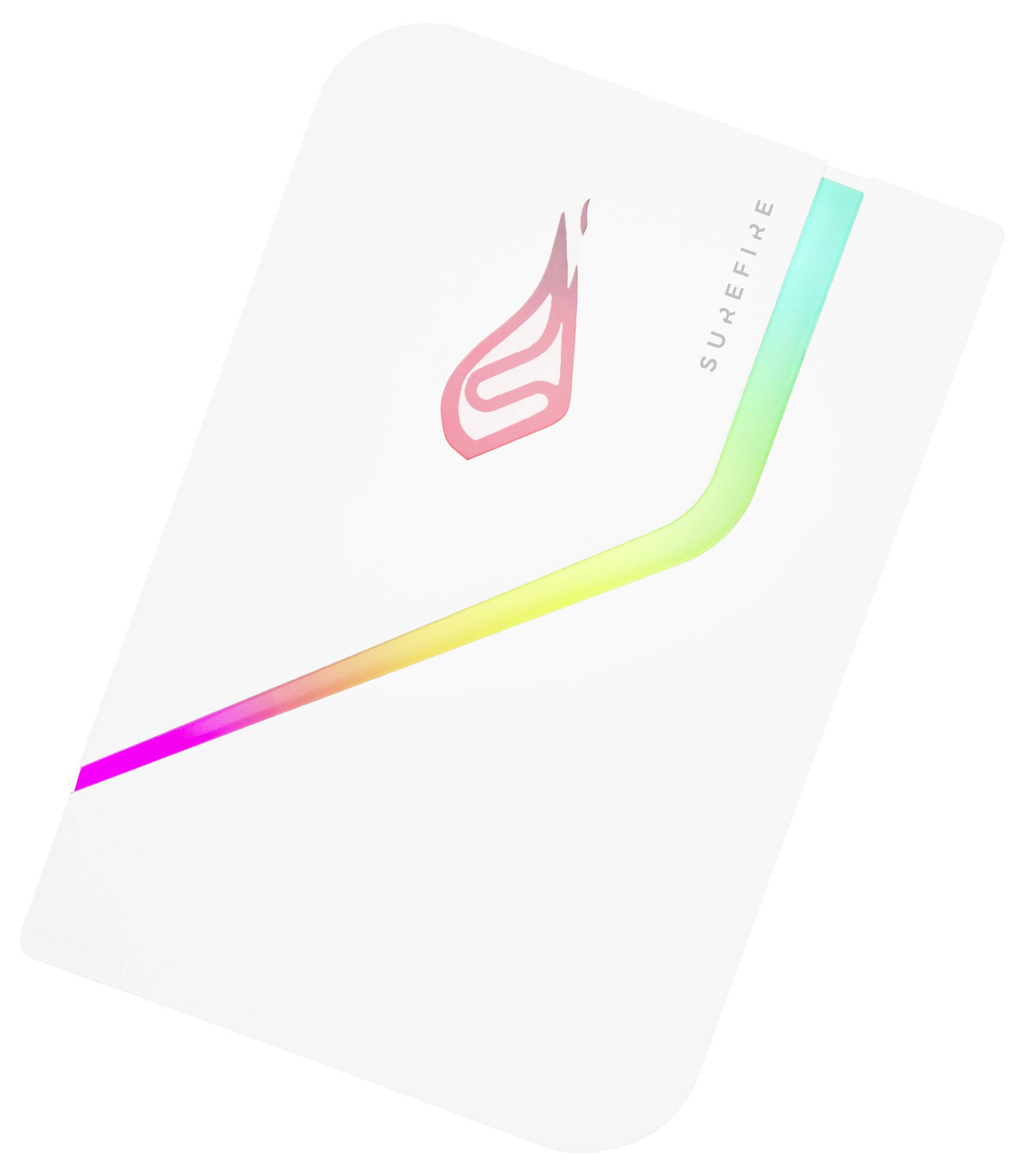 Weiße Karte mit schrägem Regenbogenstreifen und rotem Flammensymbol; Text 'SUHEFHE' an der Seite.