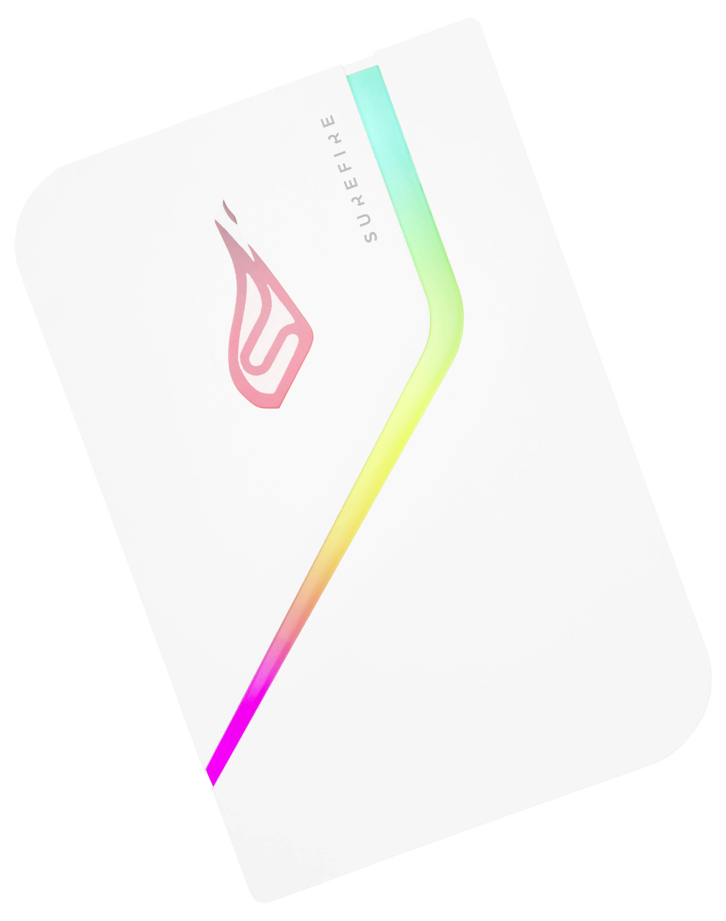 Eine weiße externe Festplatte mit einem bunten LED-Streifen und dem Logo 'Surefire' in Rot.