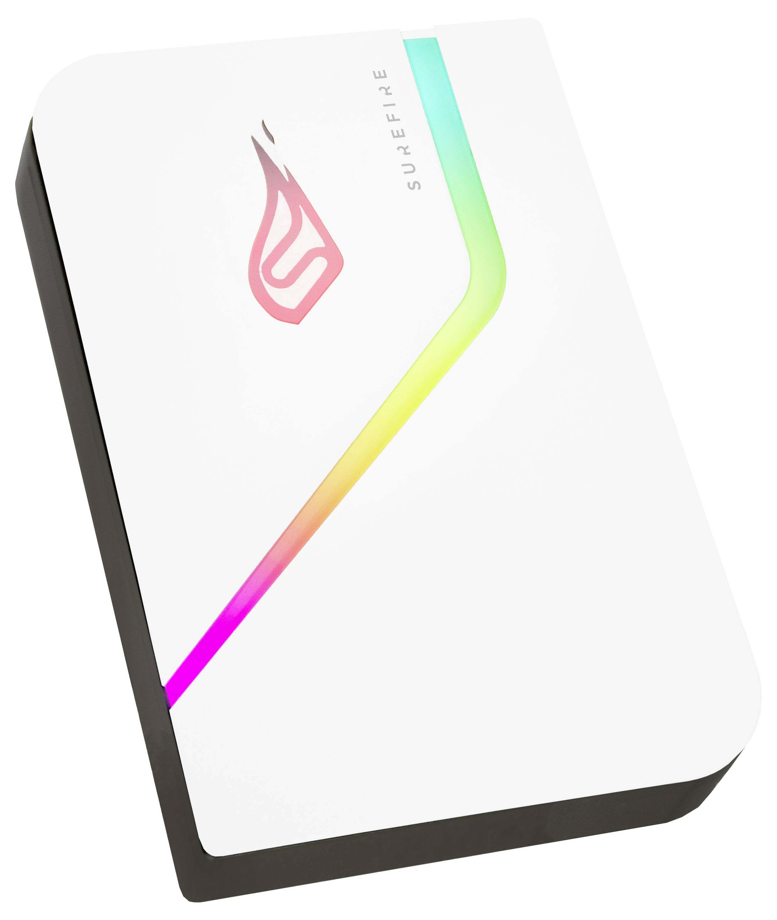 Externes Festplattenlaufwerk mit weißem Gehäuse, einer leuchtenden LED-Linie und einem stilisierten Flammenlogo auf der Vorderseite.