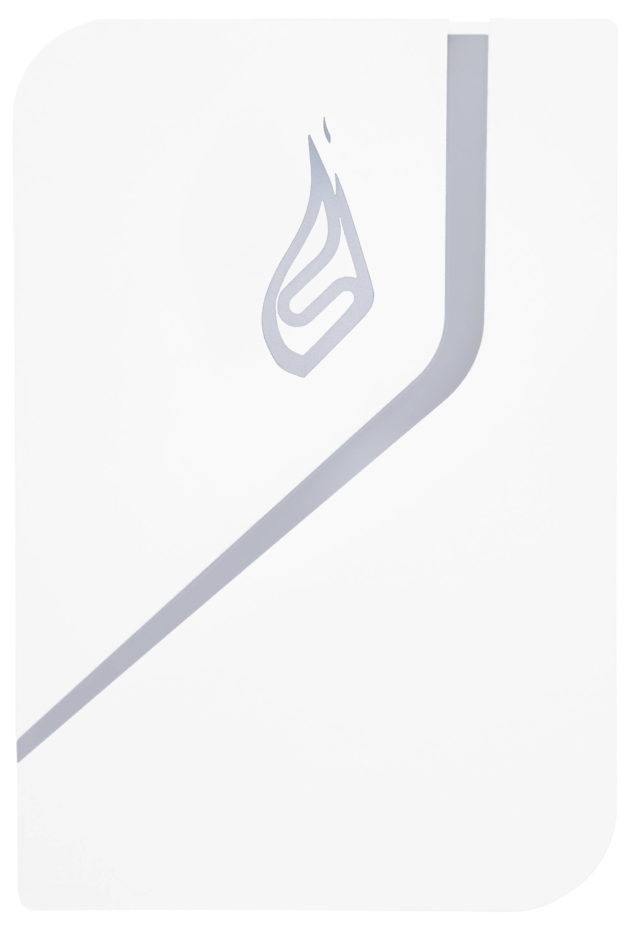 Ein weißes Gerät mit abgerundeten Ecken und grauen Linien darüber; mittig ein stilisiertes Flammensymbol.