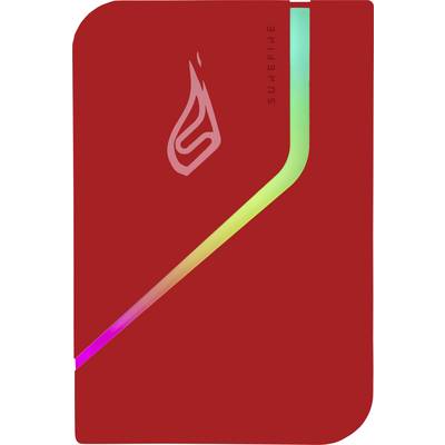 Rote externe Festplatte mit Symbol eines Feuers und Regenbogeneffekt; Marke 'Surefire'.