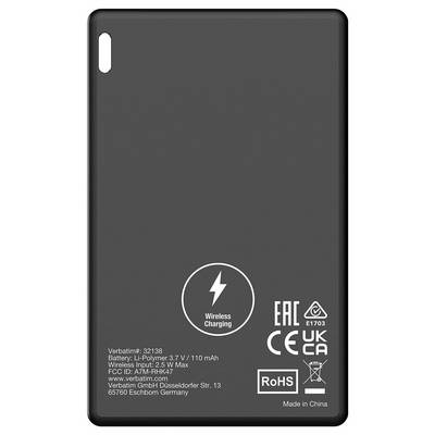 'Schwarze tragbare Powerbank mit kabellosem Laden und verschiedenen Zertifizierungslogos auf der Rückseite.'