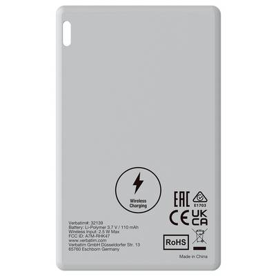 Rückseite eines Wireless-Ladegeräts mit Symbol und Aufschriften zu technischen Spezifikationen und Zertifizierungen.