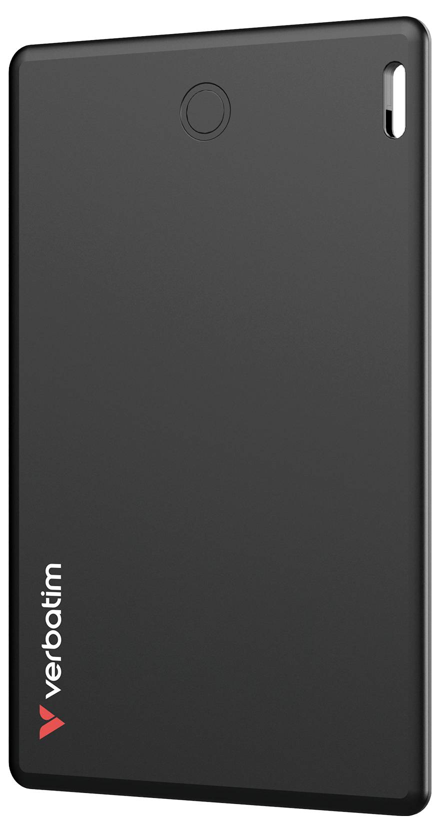 Eine portable, schwarze externe Festplatte von Verbatim mit einem kompakten, schlanken Design.