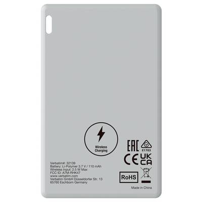 Silberne Powerbank mit Drahtlosladefunktion, CE- und RoHS-Zertifikaten. Kapazität: 110 mAh, hergestellt von Verbatim in Deutschland.