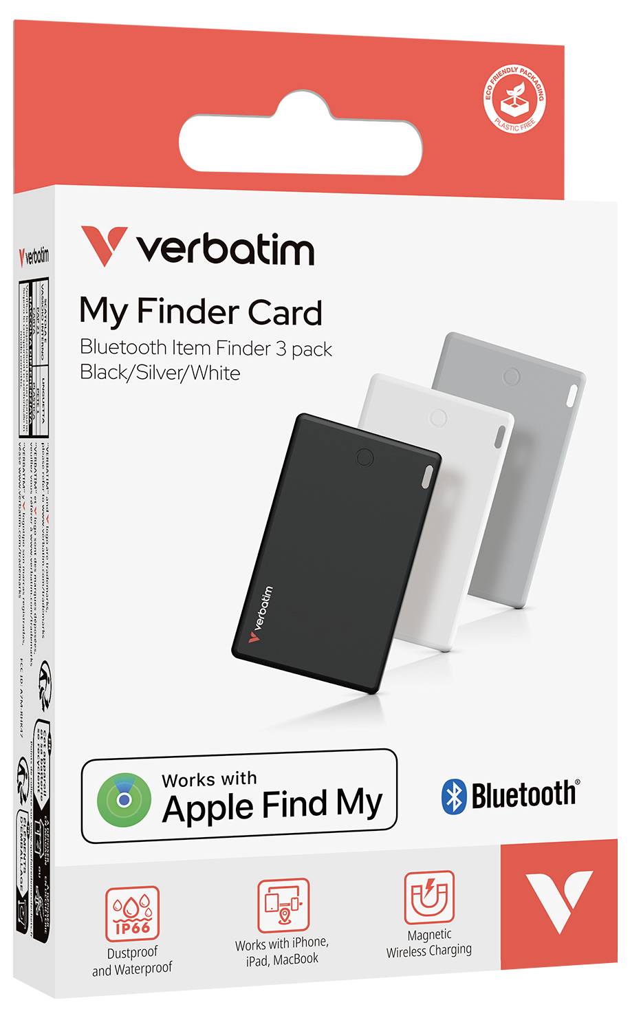 Verpackung von Verbatim 'My Finder Card', einem 3er-Pack Bluetooth-Tracker in Schwarz, Silber und Weiß, kompatibel mit Apple Find My.