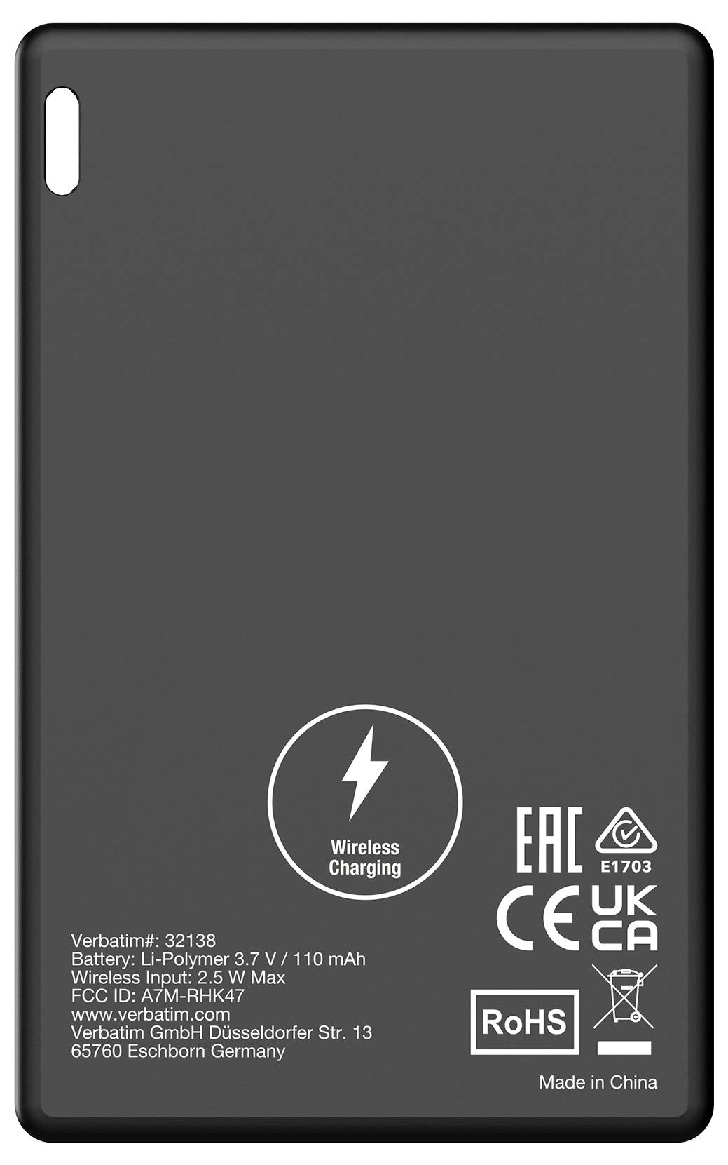 Powerbank mit drahtloser Ladefunktion, CE- und RoHS-kennzeichnet. Hersteller- und Batteriedetails unten angebracht.