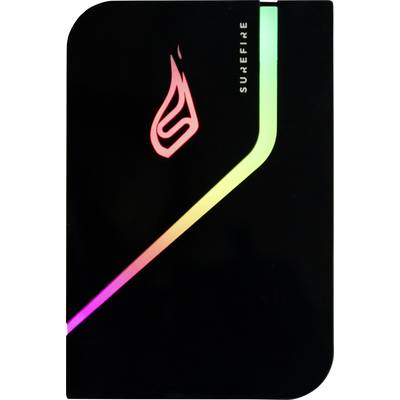 Externe Festplatte mit schwarzem Gehäuse, leuchtendem Regenbogenstreifen und Flammensymbol.