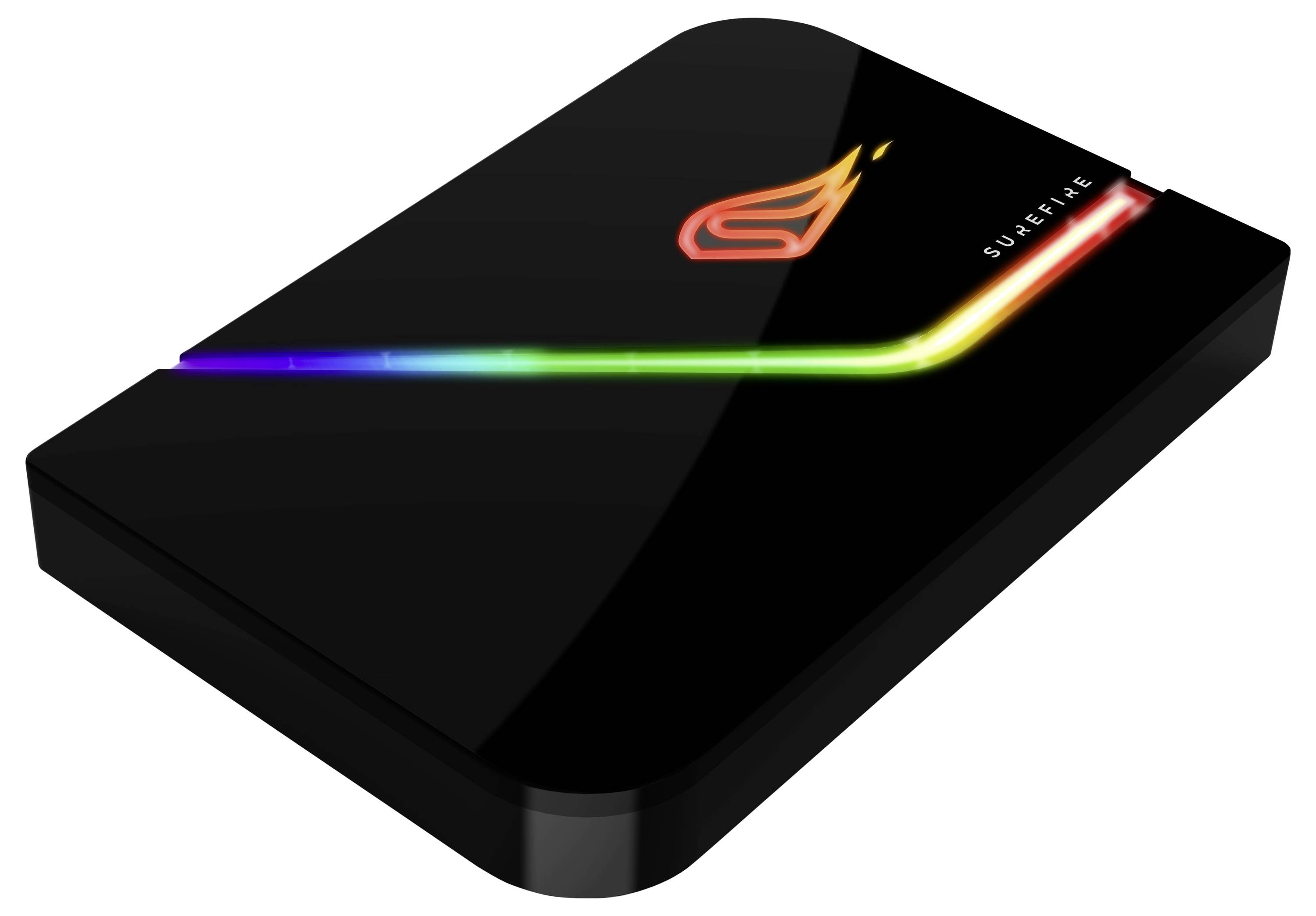 Externe Festplatte in schwarzem Gehäuse mit RGB-Lichtstreifen und Logo oben.