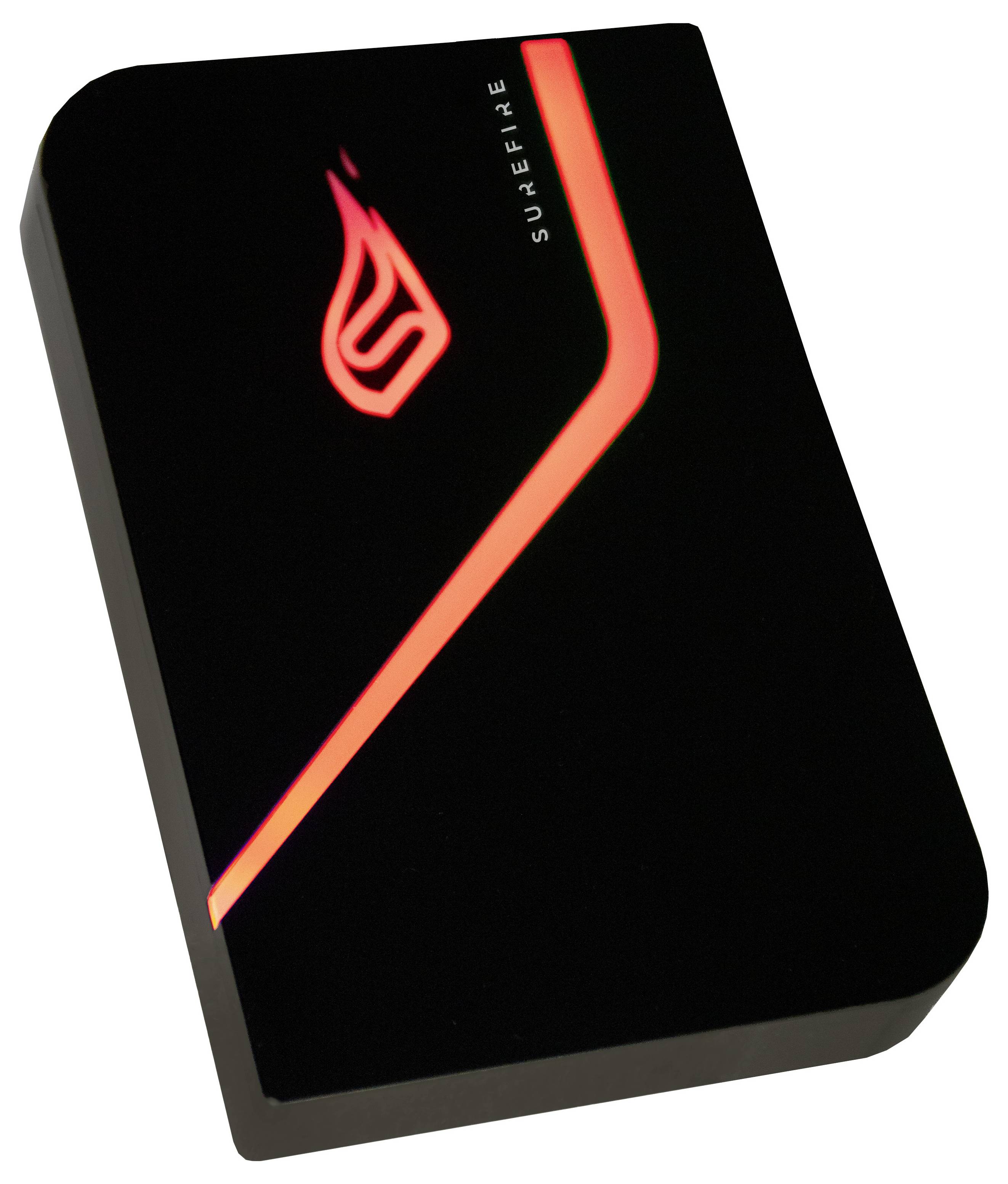 Externe Festplatte mit schwarzem Gehäuse, rotem leuchtenden Logo und Schrift 'SureFire'.