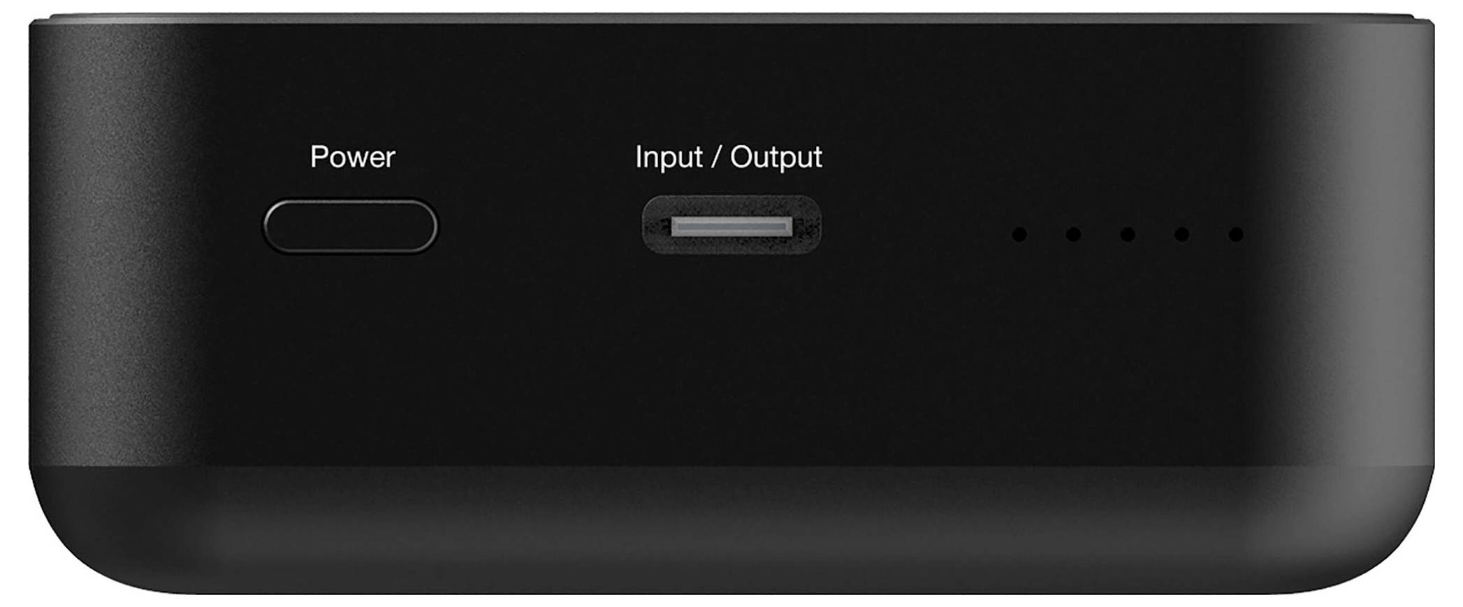 Schwarzes externes Gerät mit Power-Knopf und Input/Output-Anschluss auf der Vorderseite, dient als Stromquelle oder Speicher.