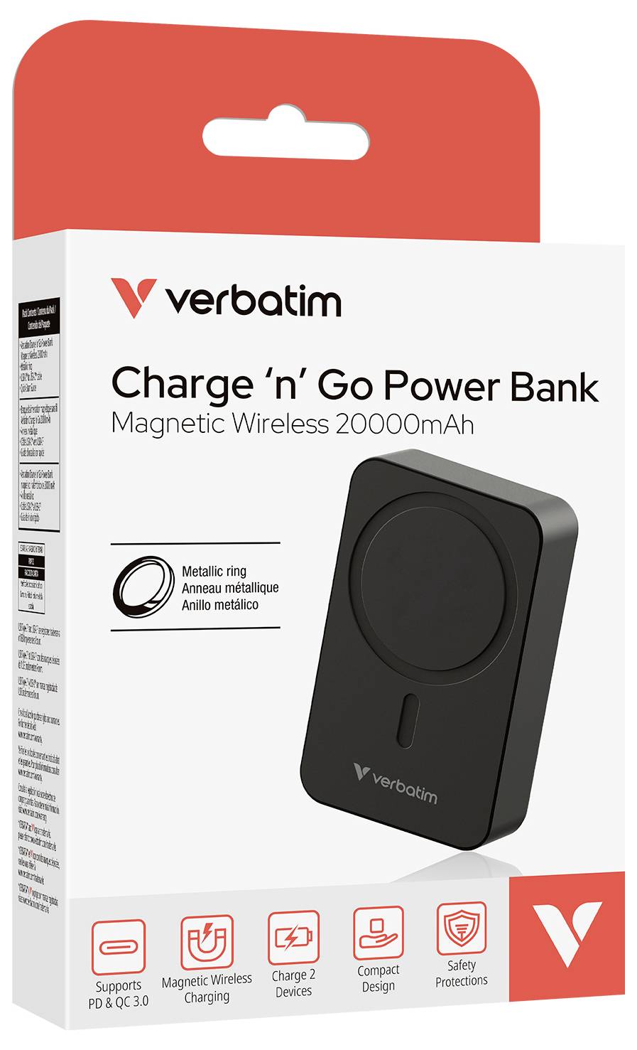 'Verbatim Charge 'n' Go Powerbank mit 20000mAh, Magnetring, kabelloses Laden, kompakte Bauweise, unterstützt PD & QC 3.0, Sicherheitsvorkehrungen.'