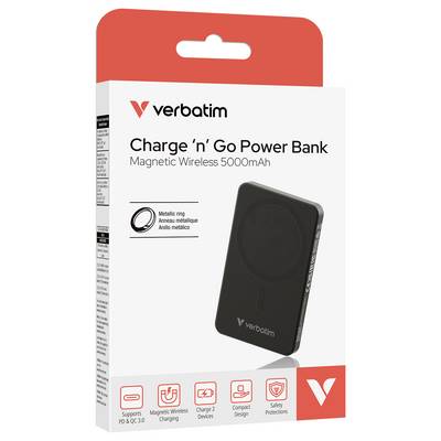 Verpackung einer Verbatim Powerbank mit 5000mAh. Zeigt die Powerbank und hebt die magnetische, kabellose Ladefunktion hervor. Unterstützt PD & QC 3.0.