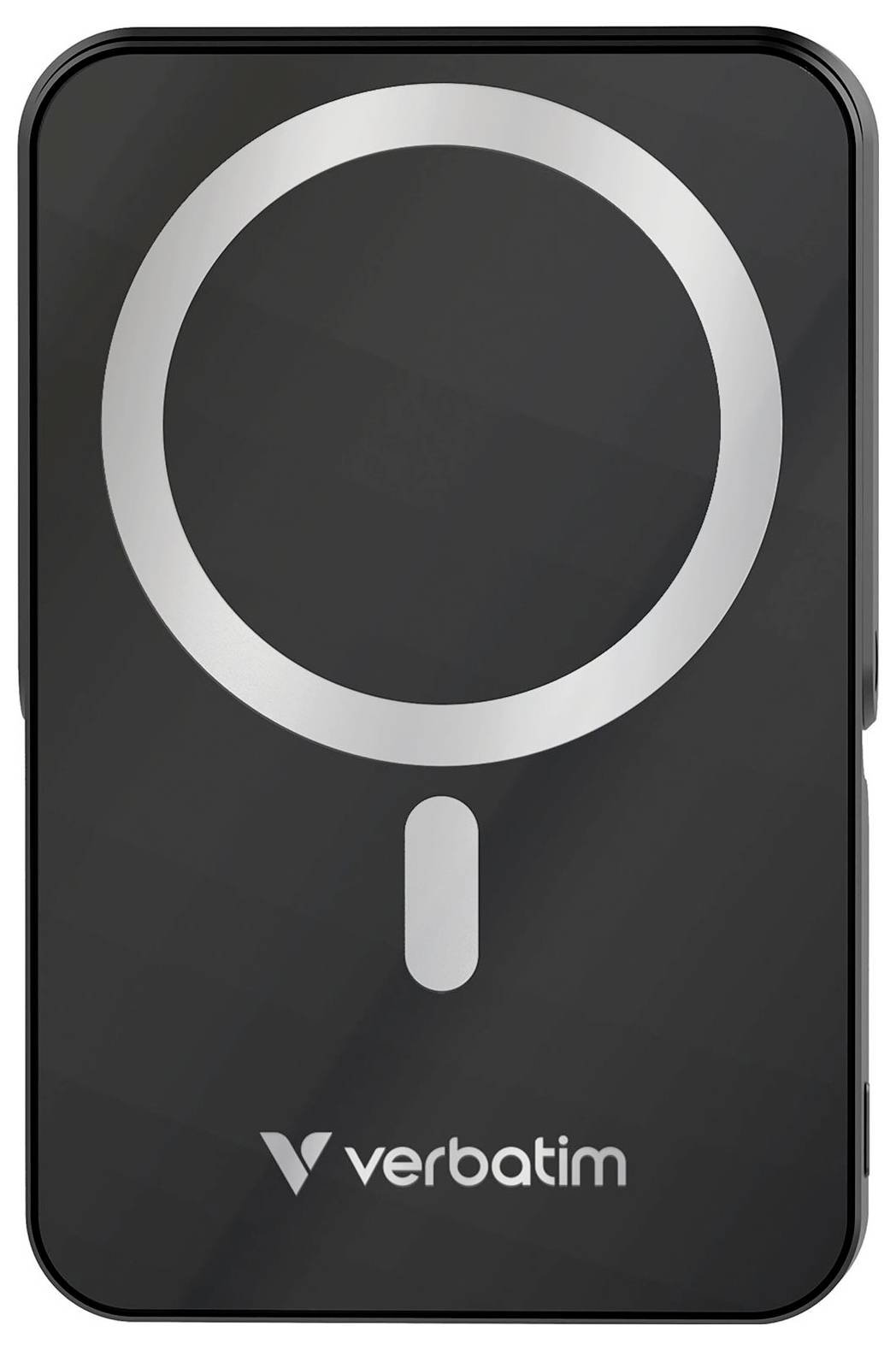 Schwarzes Verbatim-Gerät mit silbernem ringförmigem Muster und Logo unten, wahrscheinlich ein Ladegerät oder ähnliches Zubehör.